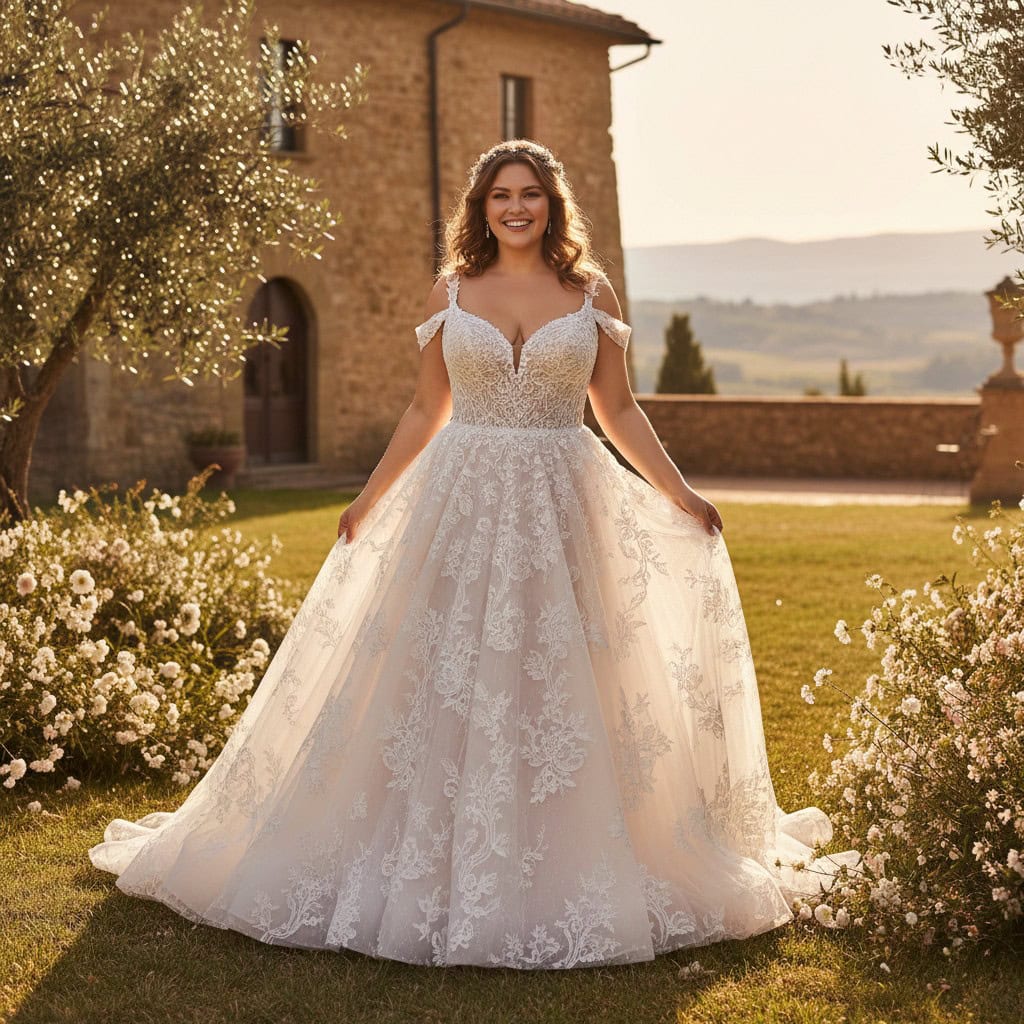 שמלת כלה עם תחרה וקישוטים עדינים.