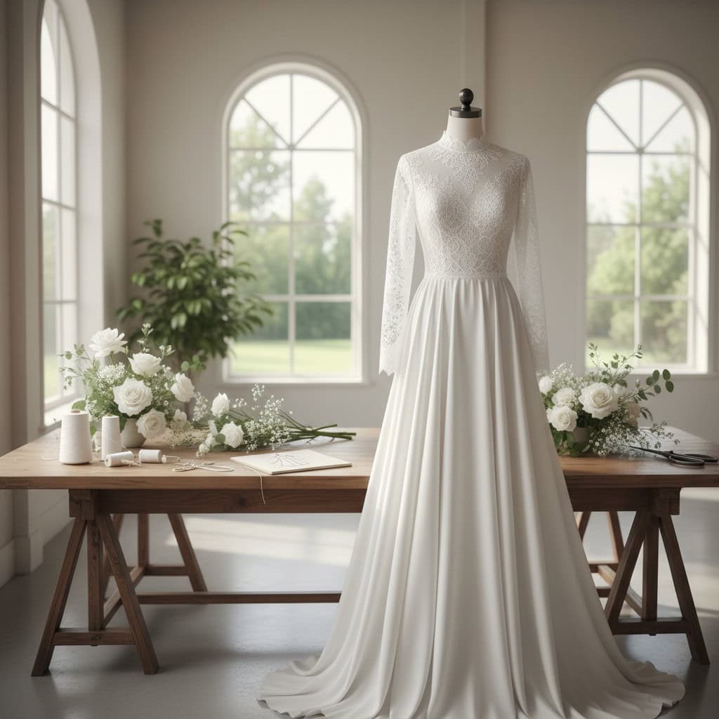 שמלת כלה צנועה ואלגנטית עם תחרה עדינה.