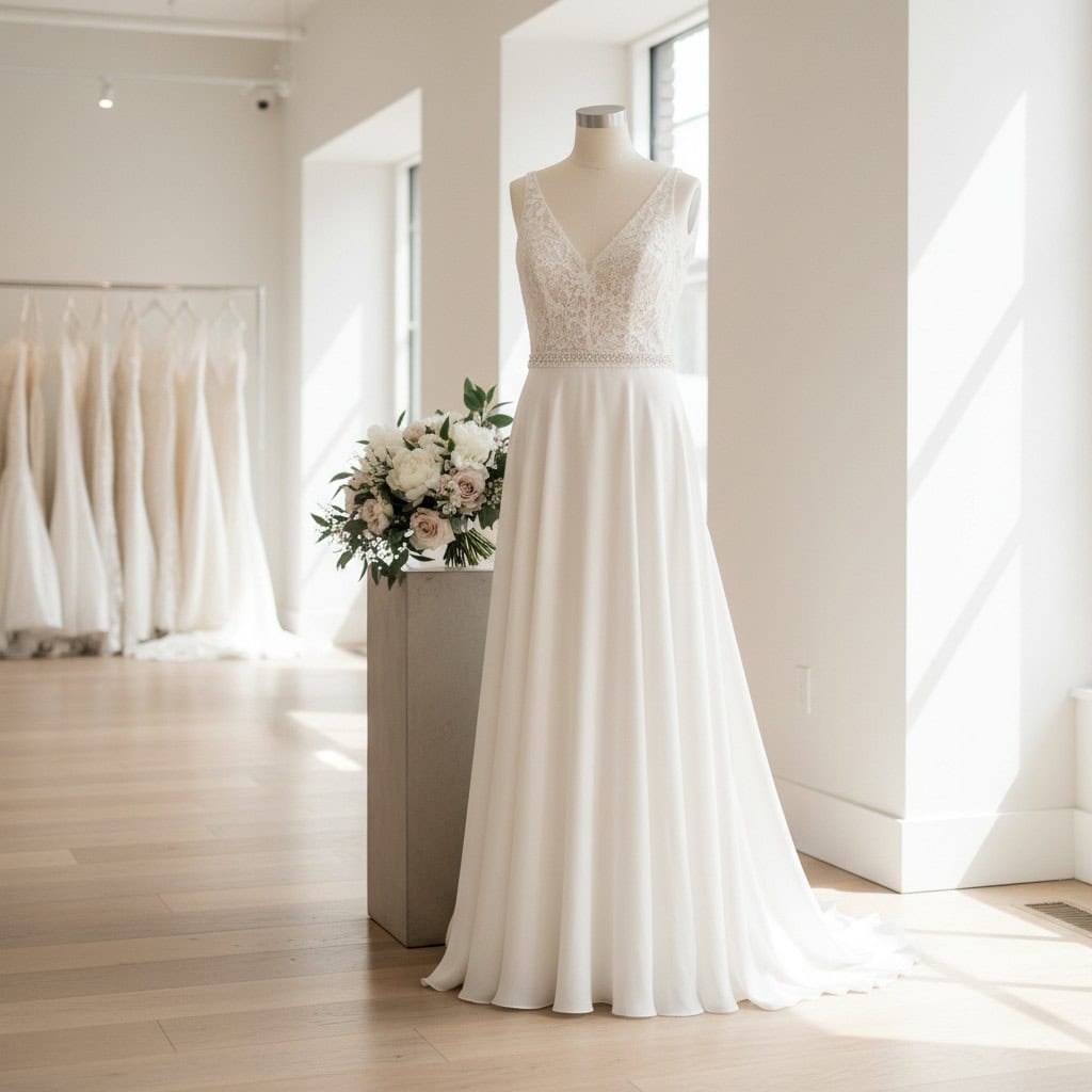 שמלת כלה אלגנטית עם תחרה ושרוולים קצרים, מוצגת בחנות כלות מודרנית.